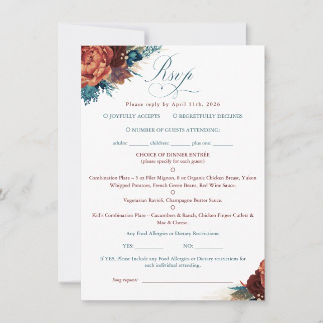 Cartão de RSVP de casamento boho floral terracota  (Frente)