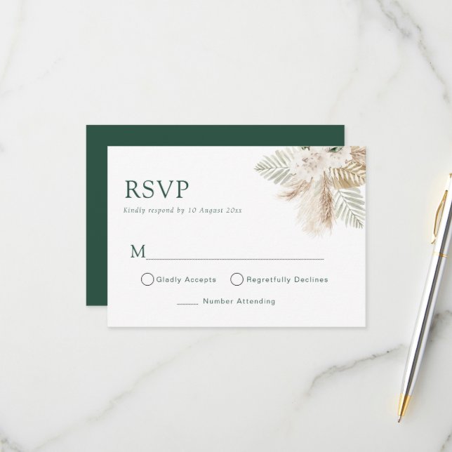 cartão de RSVP de casamento boho pampas verde (Frente/Verso In Situ)
