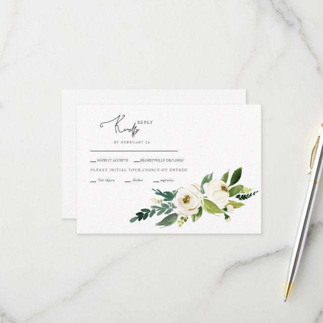 Cartão de RSVP de Casamento com Flores Brancas (Frente/Verso In Situ)