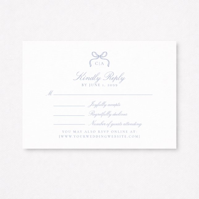 Cartão de RSVP de Casamento com Laço Azul Monogram (Criador carregado)
