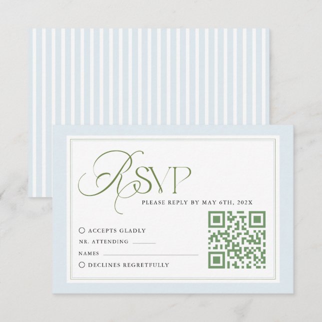 Cartão de RSVP de Casamento com Listras Azuis e Có (Frente/Verso)