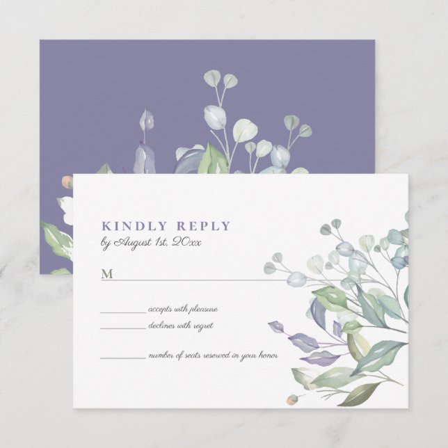 Cartão de RSVP de Casamento com Verde e Lilás Roxo (Frente/Verso)