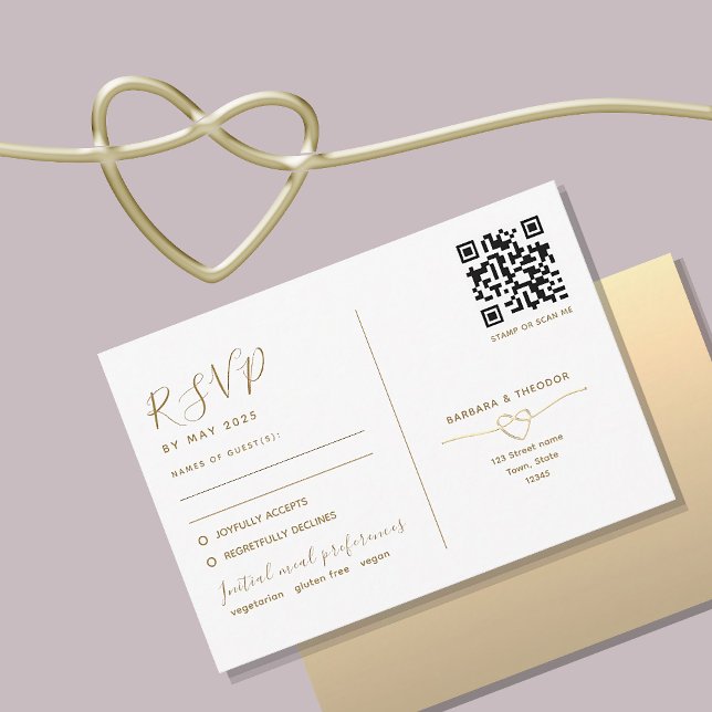 Cartão de RSVP de Casamento Dourado com Código QR  (Criador carregado)