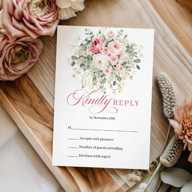 Cartão de RSVP de Casamento Elegante Boho Blush Ro (Elegant Boho Blush Roses Gold Wedding RSVP Card Design

)