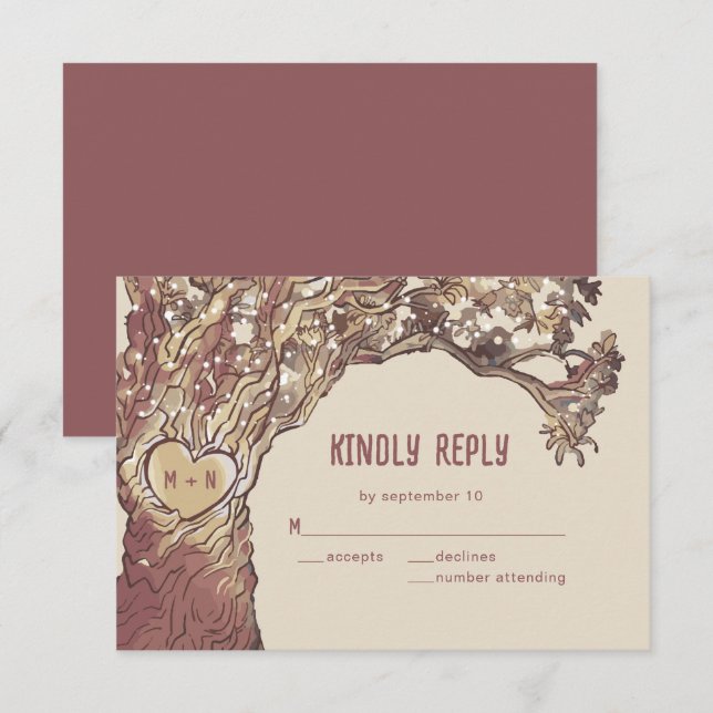 Cartão de RSVP de Casamento em Carvalho Talhado Rú (Frente/Verso)