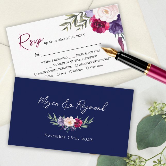 Cartão de RSVP de casamento floral azul marinho Bo (Criador carregado)