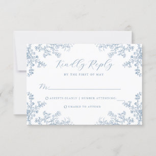 Cartão de RSVP de casamento floral azul vintage