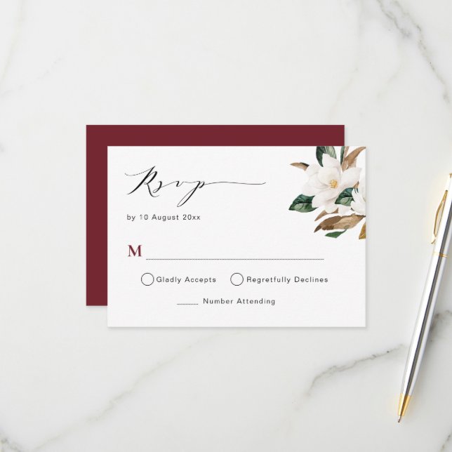 cartão de RSVP de casamento floral de magnólia bor (Frente/Verso In Situ)