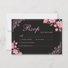 Cartão de RSVP de Casamento Floral Preto e Rosa