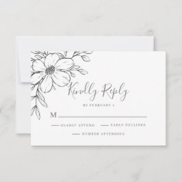 Cartão de RSVP de Casamento Floral Preto Moderno