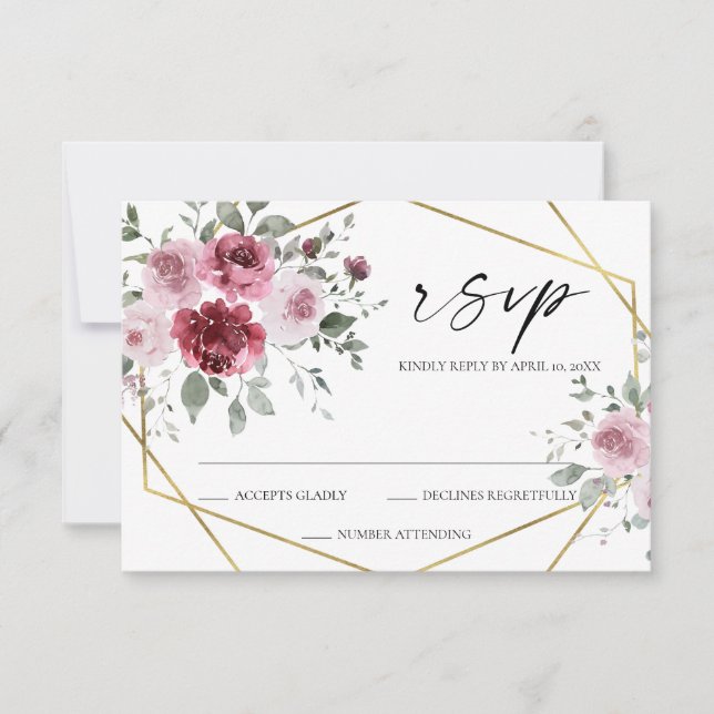Cartão de RSVP de casamento floral rosa poeirado b (Frente)