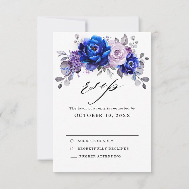Cartão de RSVP de casamento floral roxo lilás azul (Frente)
