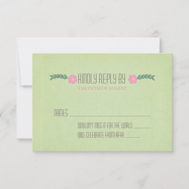 Cartão de RSVP de casamento floral verde e rosa mo (Frente)