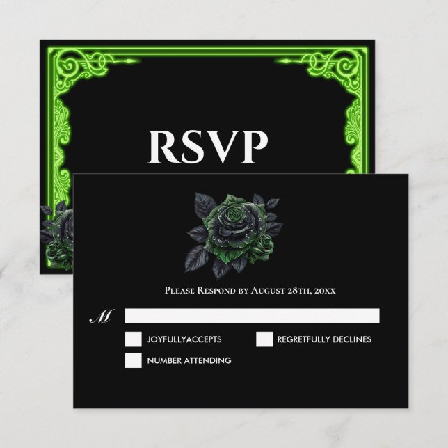 Cartão de RSVP de casamento gótico com brilho verd (Frente/Verso)