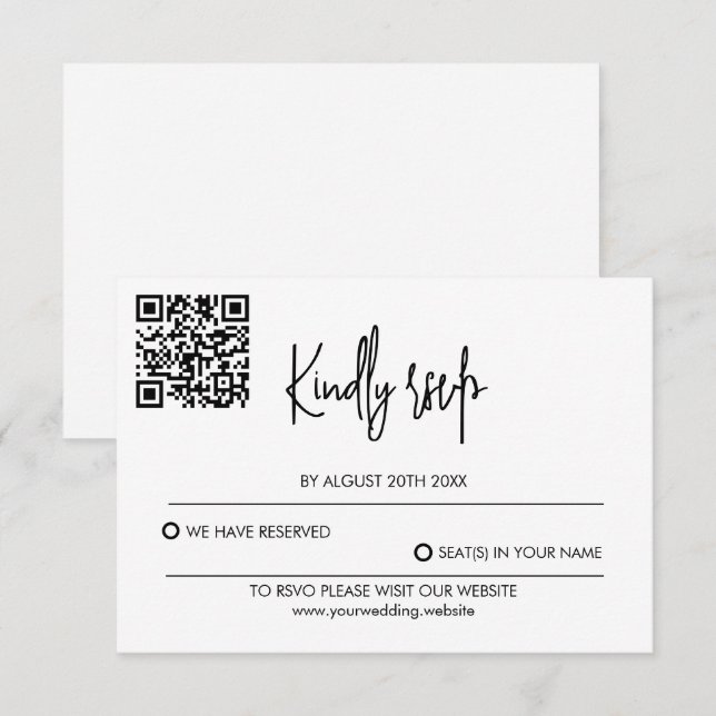 Cartão de RSVP de Casamento Moderno com Código QR (Frente/Verso)