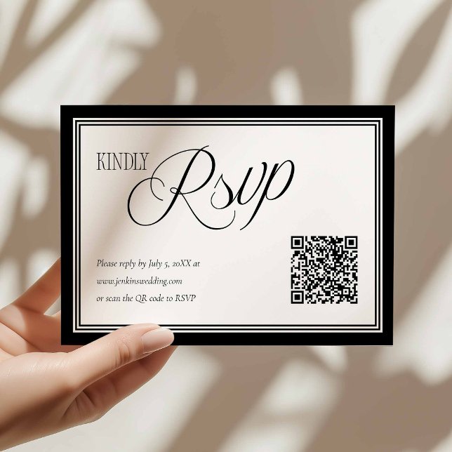 Cartão de RSVP de Casamento Moderno com Código QR (Modern Black and White Rsvp Card with QR Code)