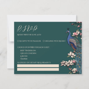 Cartão de RSVP de Casamento Pavão Azul e Magnólia