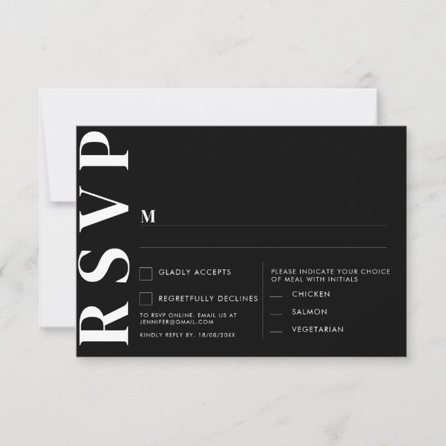 Cartão de RSVP de Casamento Preto Minimal (Frente)