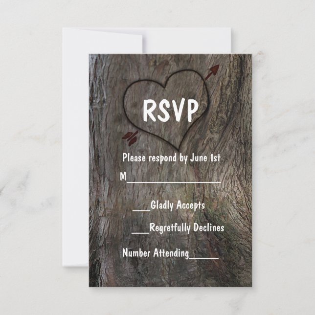 Cartão de RSVP de Casamento Rústico Árvore + Coraç (Frente)
