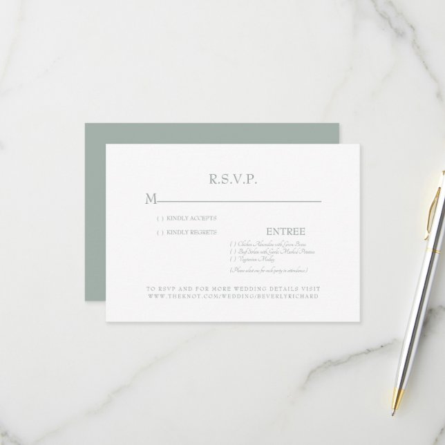 Cartão de RSVP de Casamento Simples Sage e Branco (Frente/Verso In Situ)