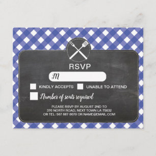 Cartão de RSVP de Casamento Xadrez Azul BBQ Giz