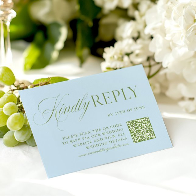 Cartão de RSVP de Código QR Azul e Verde Sage Eleg (Elegant Sage Green & Blue QR Code RSVP Card)