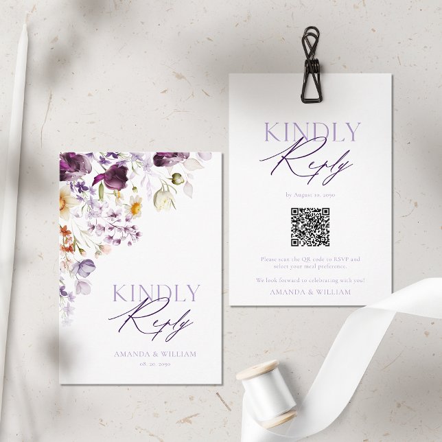 Cartão de RSVP de Código QR Moderno com Floral (Criador carregado)