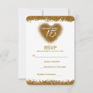Cartão de RSVP de Coração com Brilho Dourado para