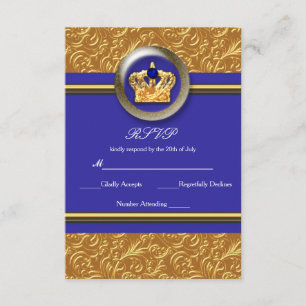 Cartão de RSVP de Coroa Azul Real e Dourada para E