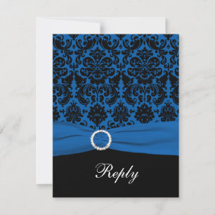 Cartão de RSVP de Damasco Azul Cobalto e Preto
