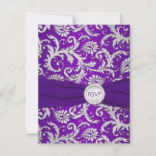 Cartão de RSVP de Damasco Roxo e Prata