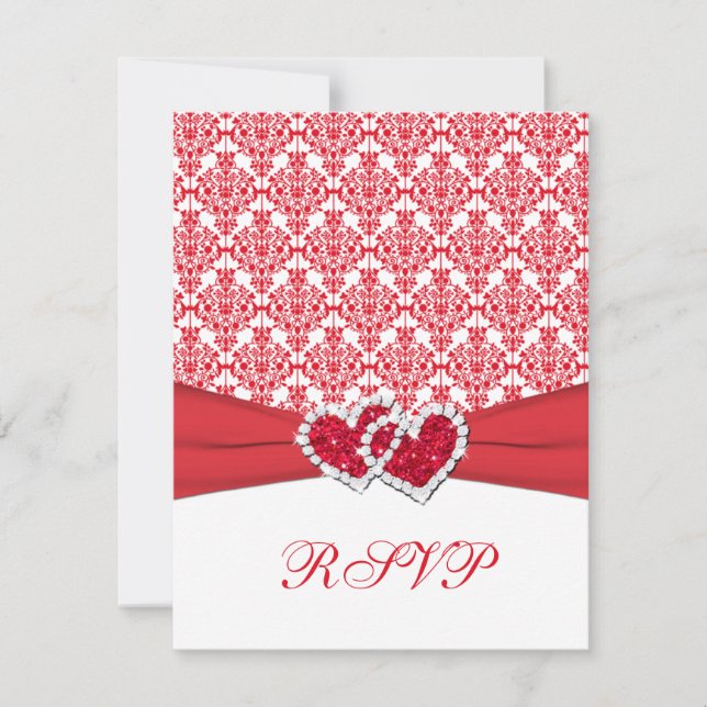 Cartão de RSVP de Damasco Vermelho e Branco & Cora (Frente)