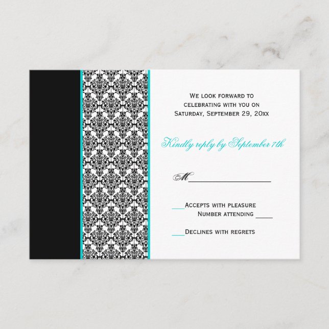 Cartão de RSVP de Damask Turquesa Preto Branco (Frente)