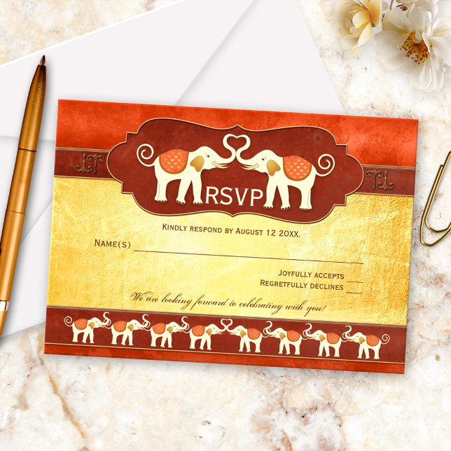 Cartão de RSVP de Elefantes Brancos Asiáticos Eleg (RSVP card featuring two cute elephants in love, cheered on by their families and tribe)