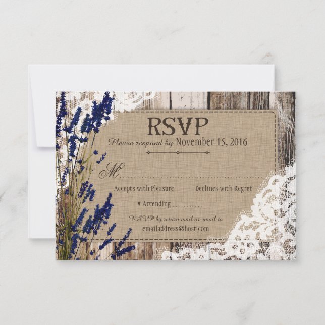 Cartão de RSVP de Flores de Lavanda com Renda de M (Frente)