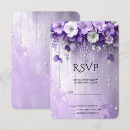 Cartão de RSVP de Flores Roxas com Pérolas Pendent