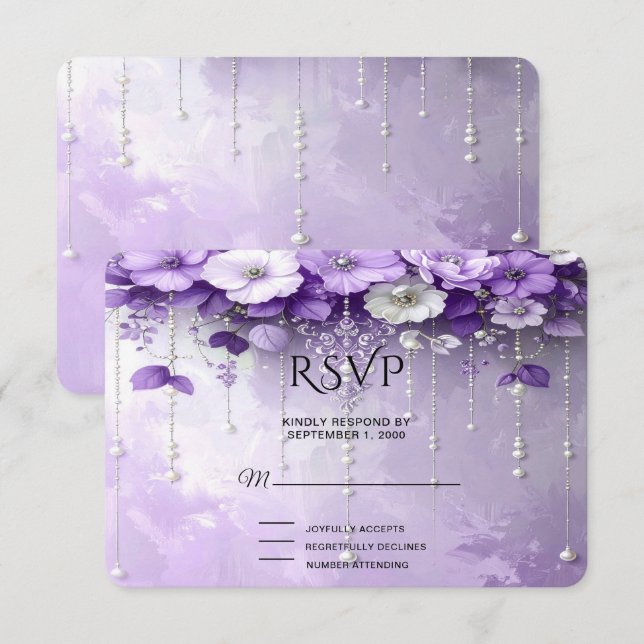 Cartão de RSVP de Flores Roxas com Pérolas Pendent (Frente/Verso)