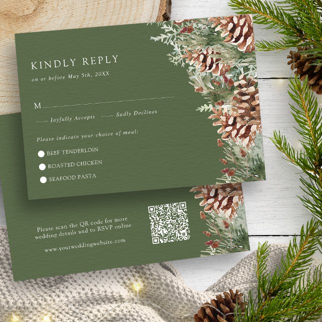 Cartão de RSVP de Inverno Verde (Hunter Green Watercolor Evergreen Pinecones Winter RSVP Card by Painted Paperie
)