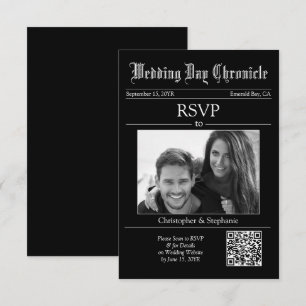 Cartão de RSVP de jornal preto único com código QR