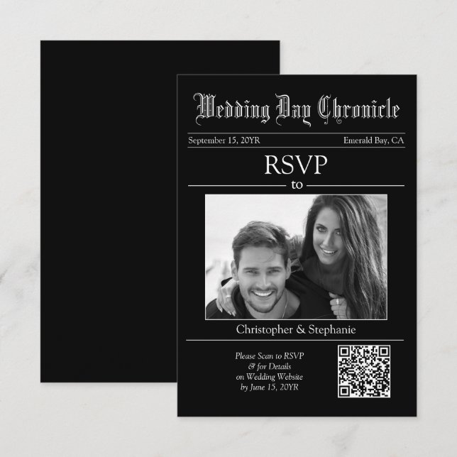 Cartão de RSVP de jornal preto único com código QR (Frente/Verso)