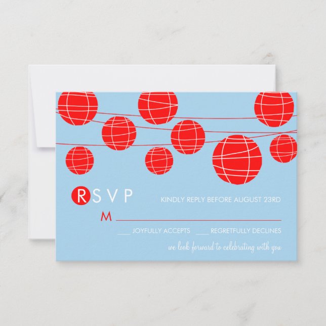 Cartão de RSVP de lanternas de papel chinesas azui (Frente)