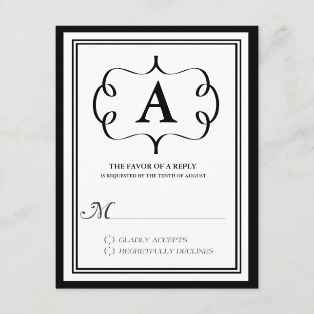 Cartão de RSVP de Monograma Formal em Preto (Frente)