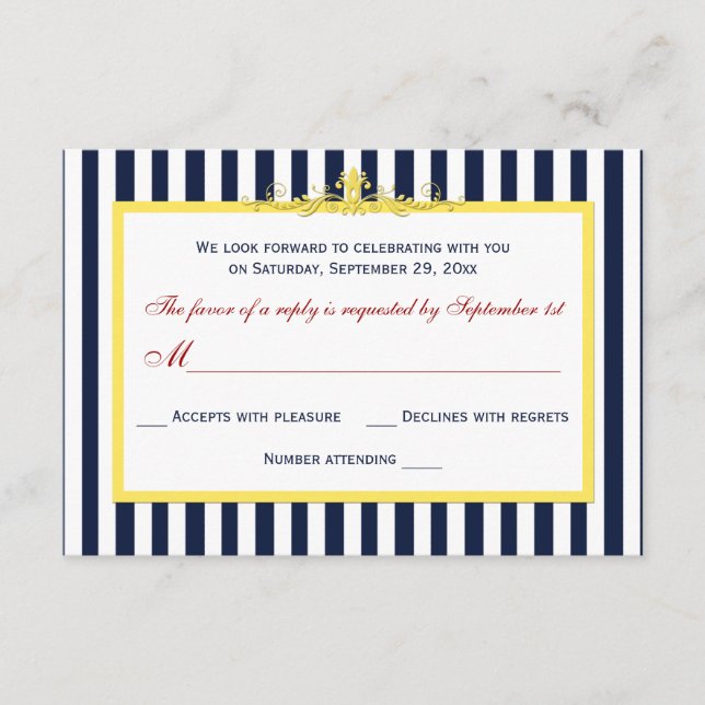 Cartão de RSVP de Navegação com Listras Brancas e  (Frente)