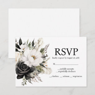 Cartão de RSVP de Opções de Menu Floral Preto e Br
