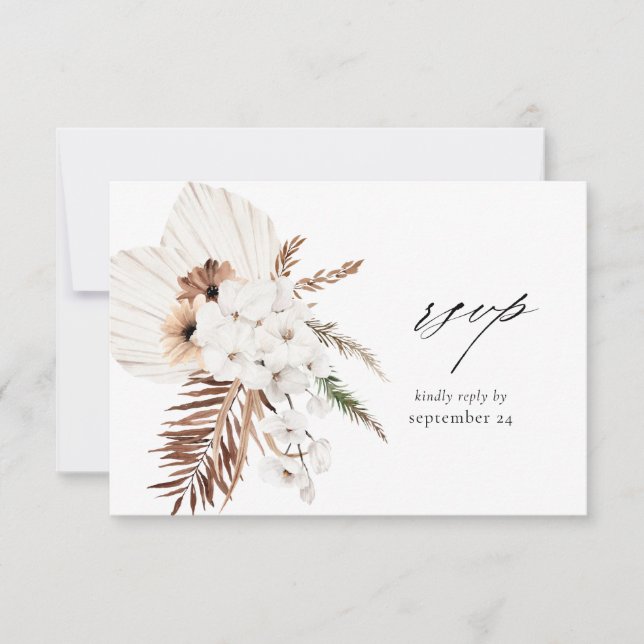 Cartão de RSVP de Refeição com Floral Branco Boho  (Frente)