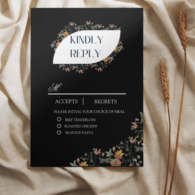 Cartão de RSVP de refeições com flores preto Boho (Criador carregado)