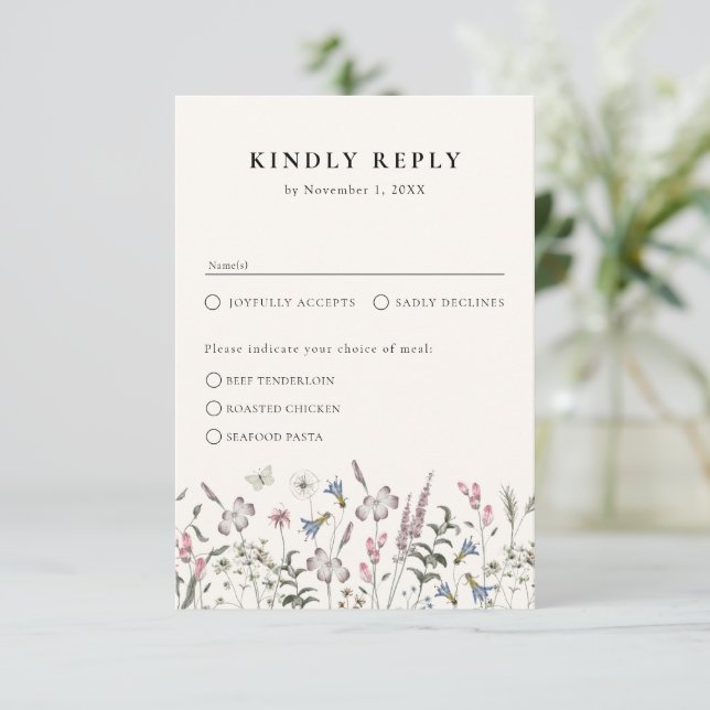 Cartão de RSVP de Refeições Florais (Em pé/Frente)