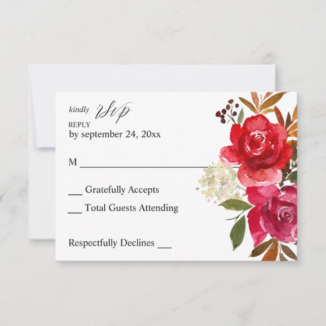 Cartão de RSVP de Rosa Vermelha & Floral Rosa sem  (Frente)