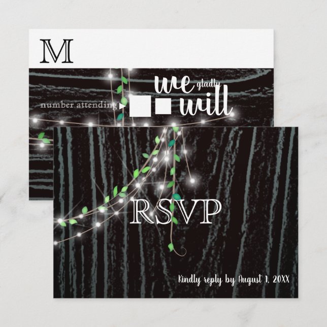 Cartão de RSVP de Vinha Rústica e Luzes (Frente/Verso)
