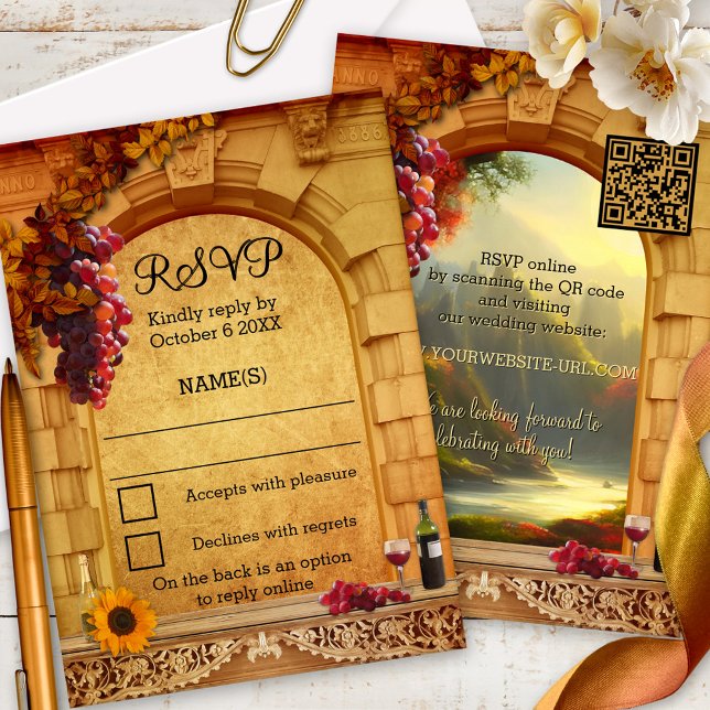 Cartão de RSVP de Vinícola ou Vinhedo Italiano Clá (Classic Italian vineyard or winery RSVP card featuring a Roman arch with grapes and wine - QR code)